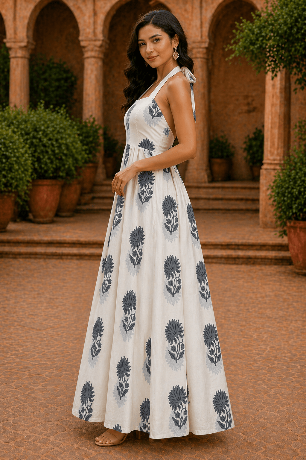Zyra Halter Maxi Dress – Hand Block Ivory