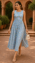 Blue Lotus Bloom Pleated Midi Dress