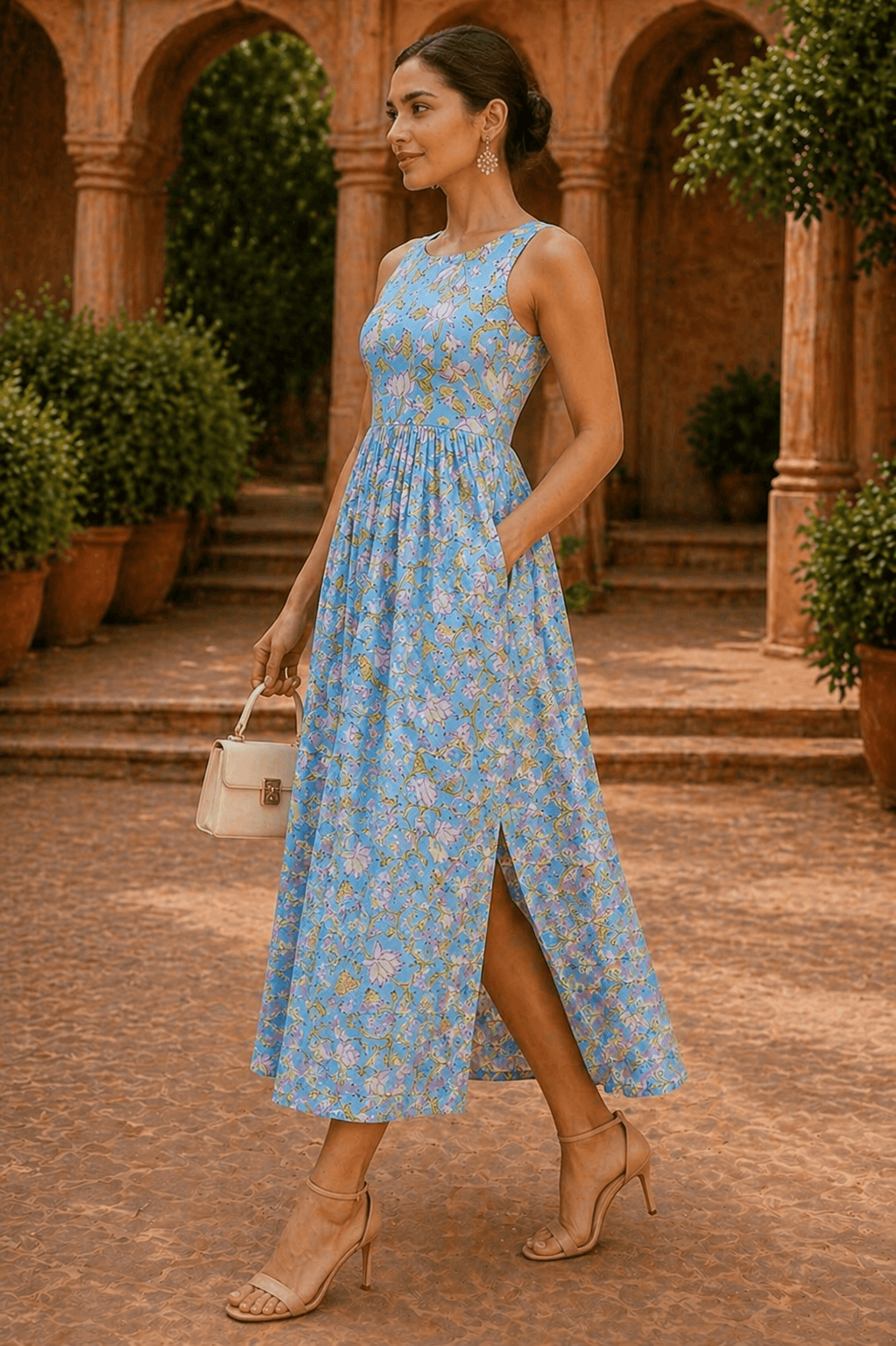 Blue Lotus Bloom Pleated Midi Dress