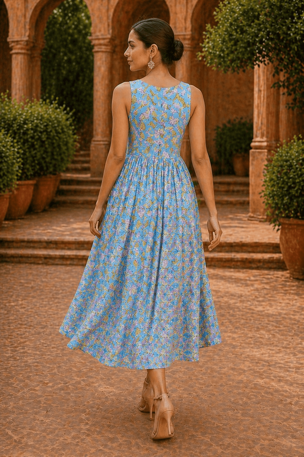 Blue Lotus Bloom Pleated Midi Dress