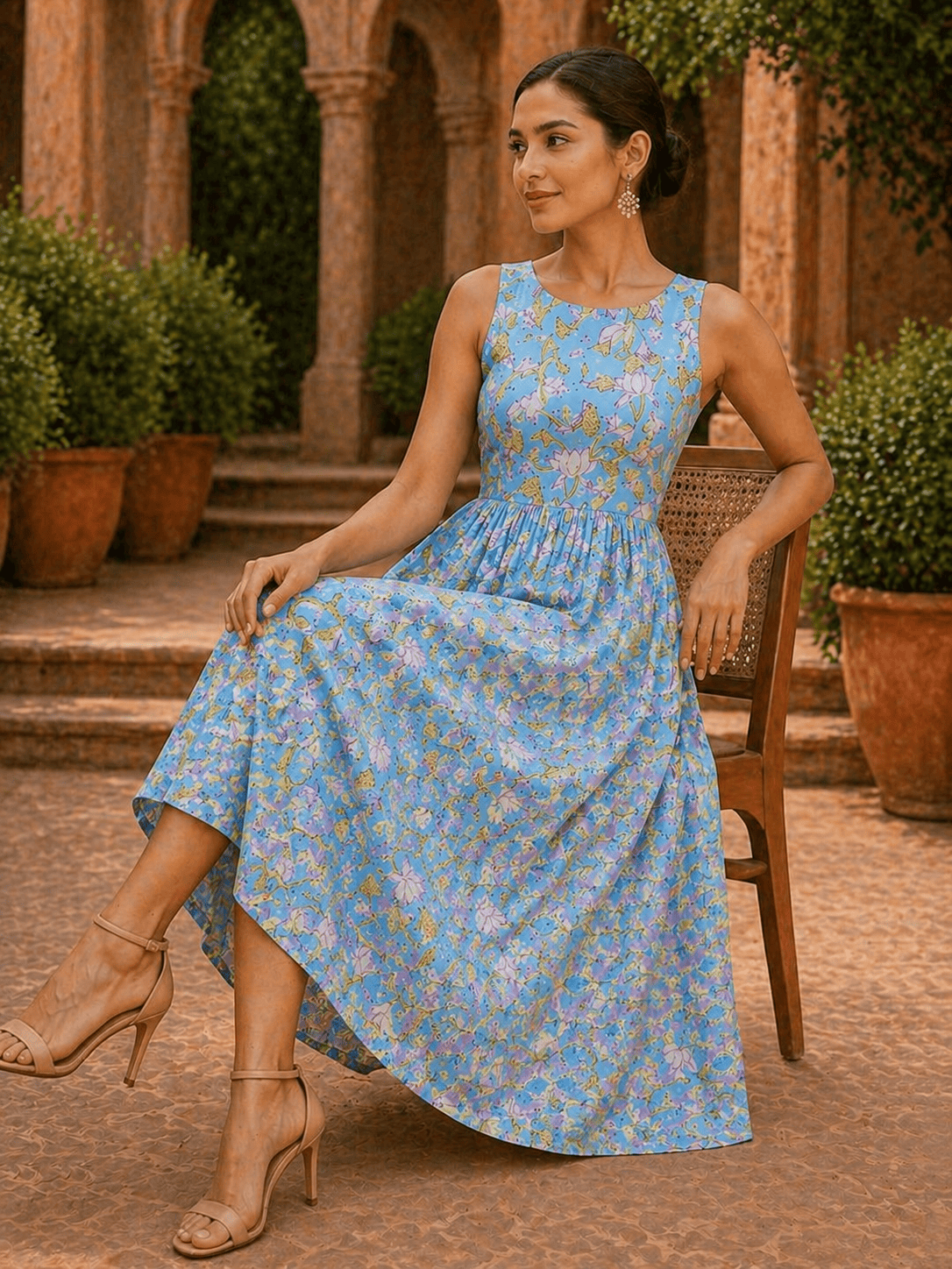 Blue Lotus Bloom Pleated Midi Dress