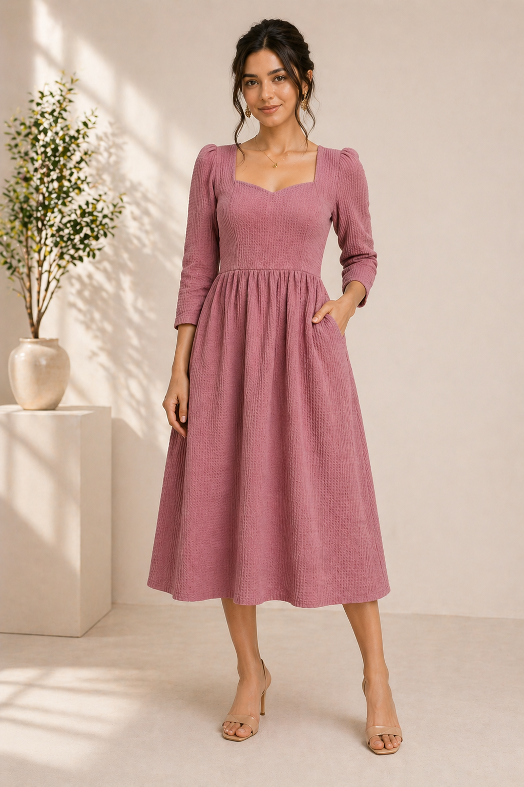 Soft Romance Textured Midi Dress – Rosewood Pink