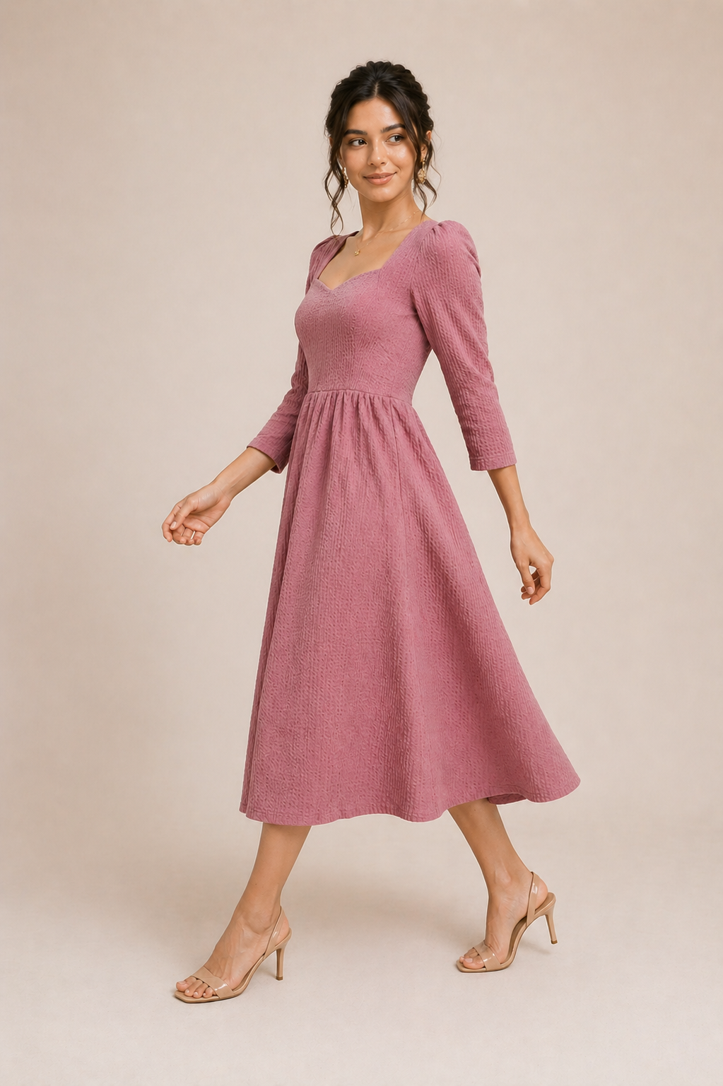 Soft Romance Textured Midi Dress – Rosewood Pink
