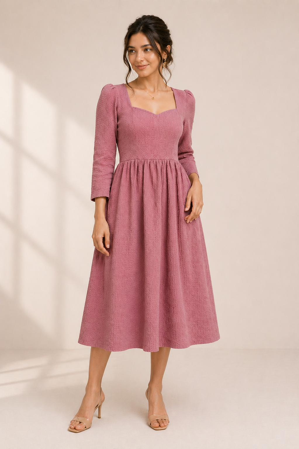 Soft Romance Textured Midi Dress – Rosewood Pink
