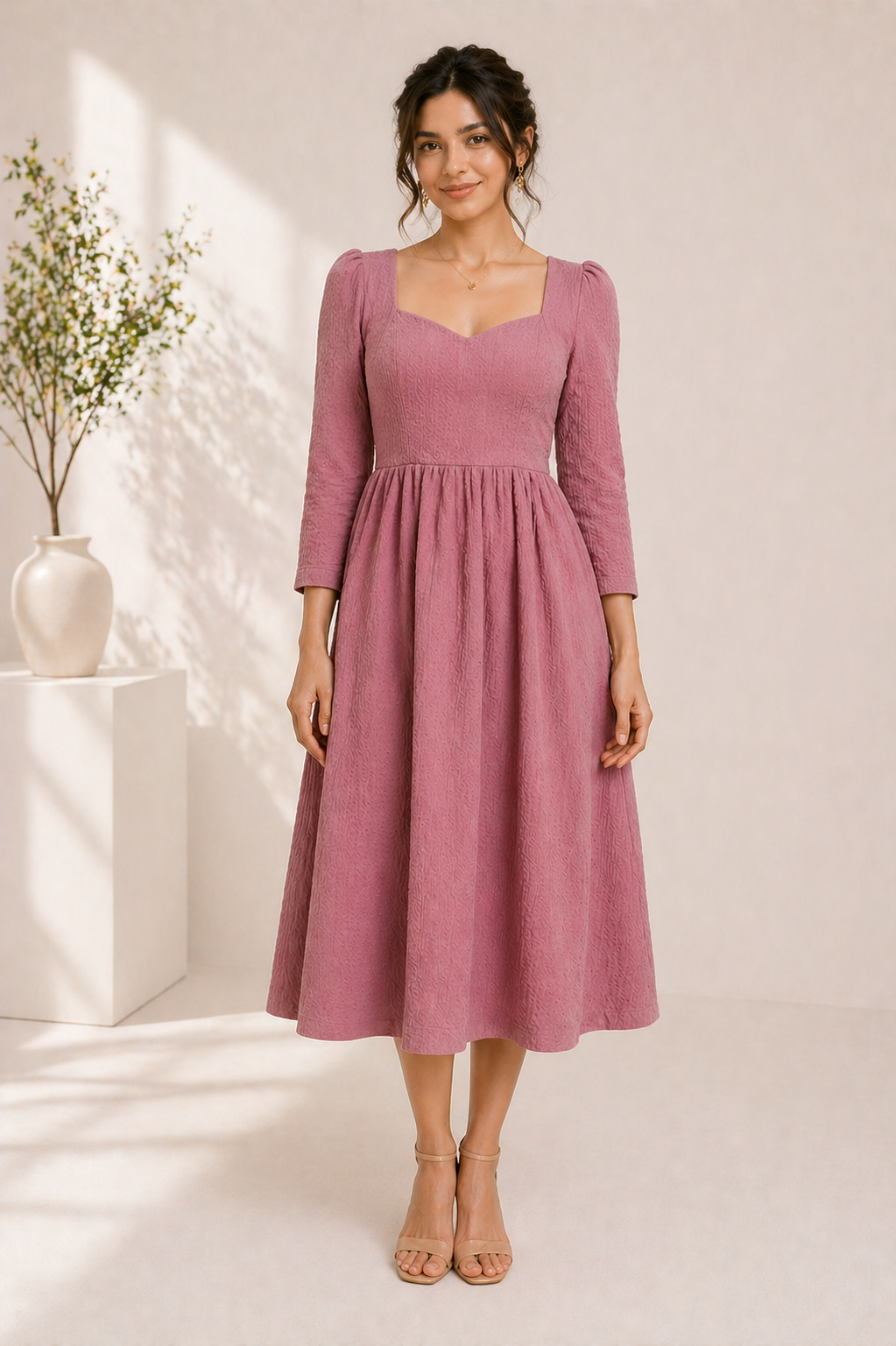 Soft Romance Textured Midi Dress – Rosewood Pink