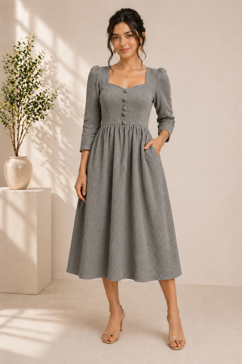 Elegant Everyday Fit & Flare Dress – Stone Mist