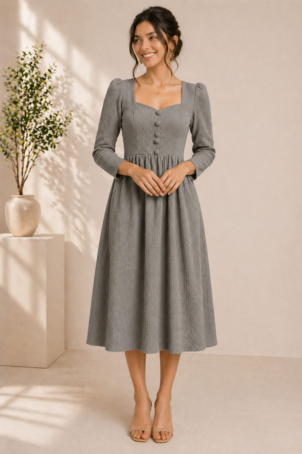 Elegant Everyday Fit & Flare Dress – Stone Mist