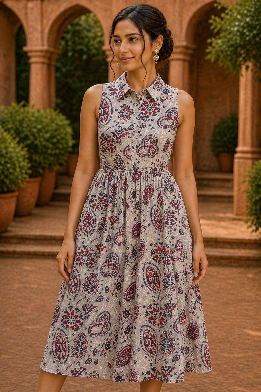 Classic Collar Cotton Midi Dress – Vintage Paisley