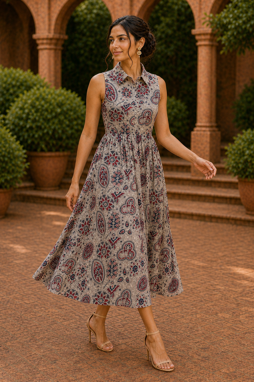 Classic Collar Cotton Midi Dress – Vintage Paisley