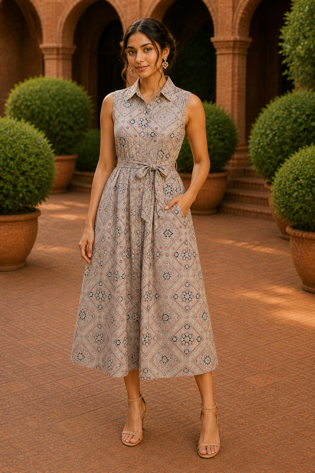Vintage Mosaic Belted Midi Dress – Desert Beige