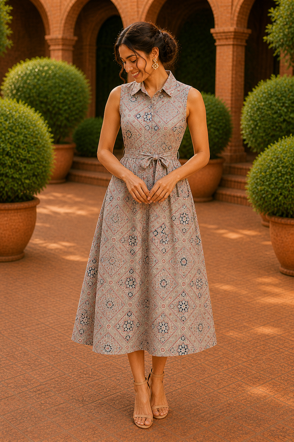 Vintage Mosaic Belted Midi Dress – Desert Beige