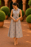 Vintage Mosaic Belted Midi Dress – Desert Beige