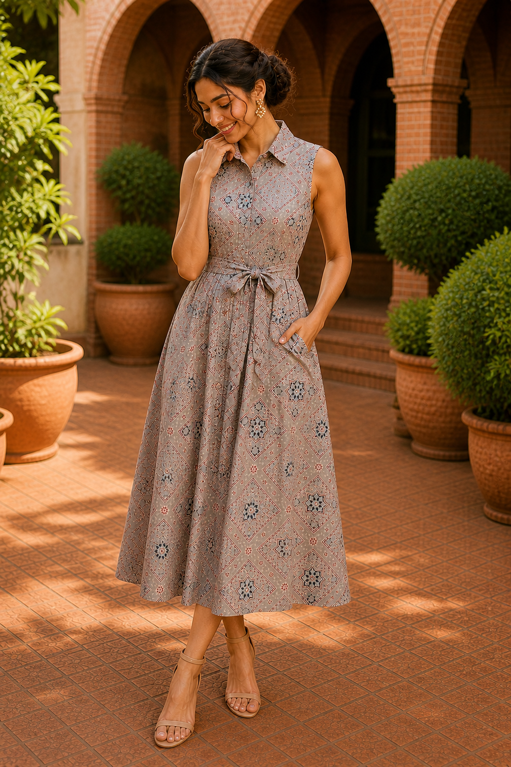 Vintage Mosaic Belted Midi Dress – Desert Beige