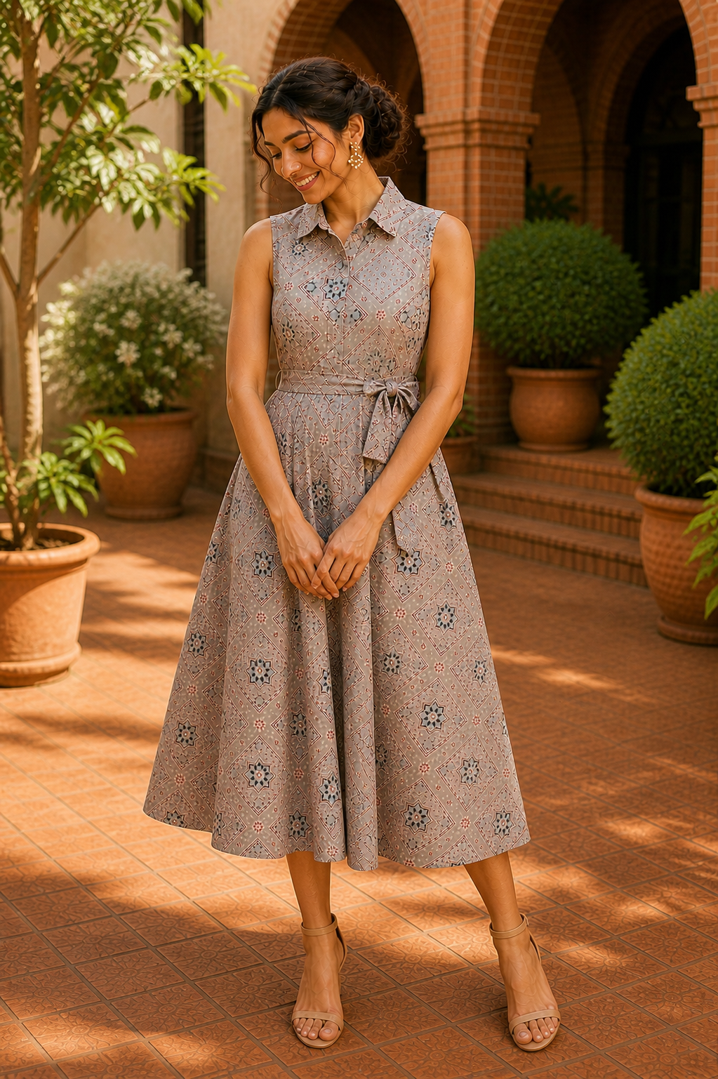 Vintage Mosaic Belted Midi Dress – Desert Beige