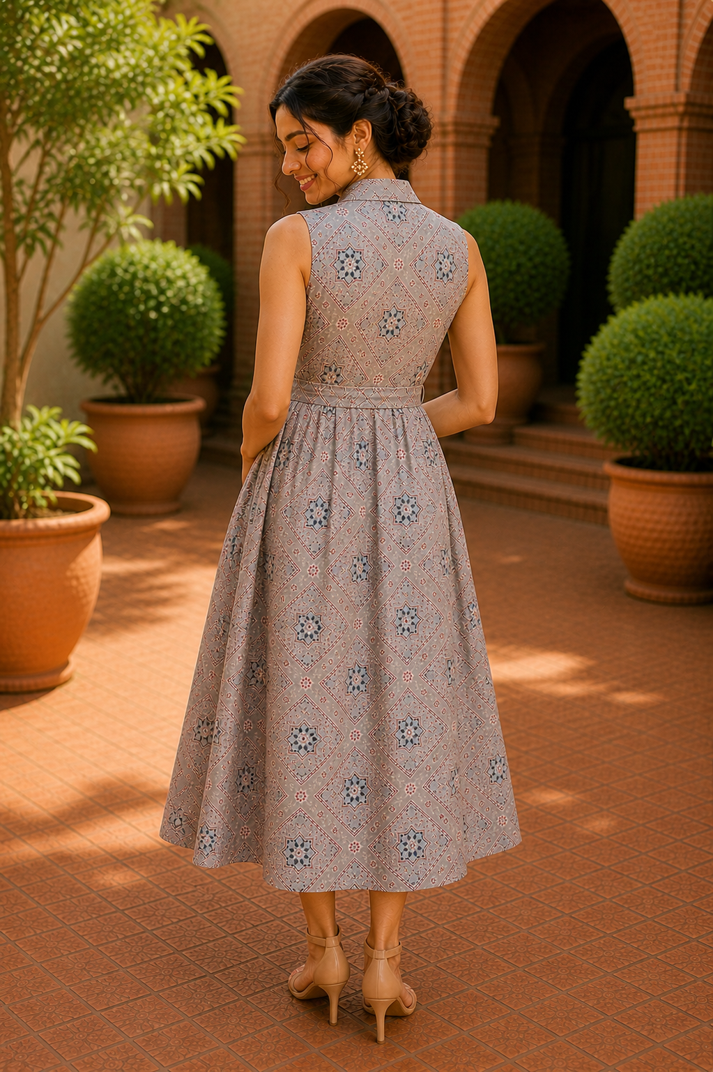 Vintage Mosaic Belted Midi Dress – Desert Beige