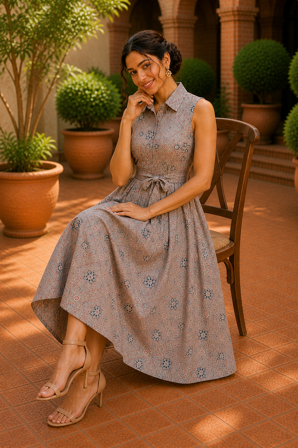 Vintage Mosaic Belted Midi Dress – Desert Beige