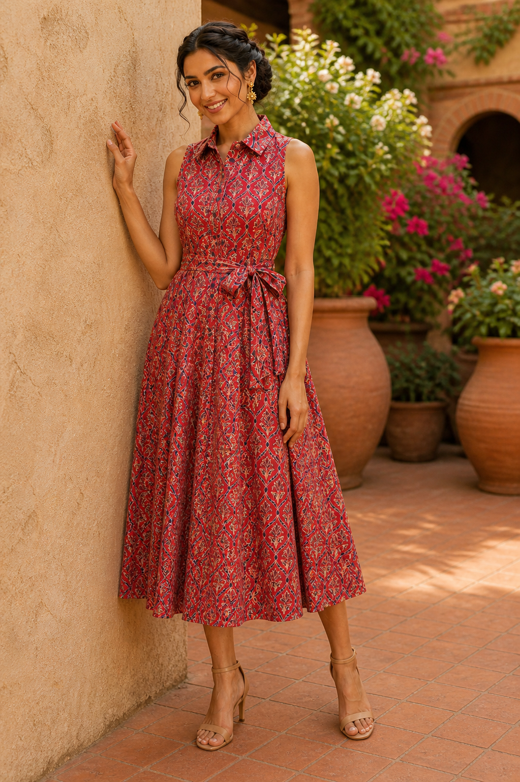 Heritage Bloom Cotton Dress – Deep Scarlet