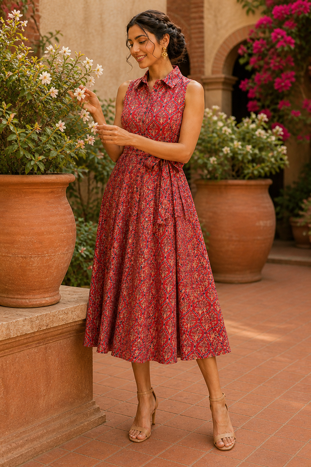 Heritage Bloom Cotton Dress – Deep Scarlet