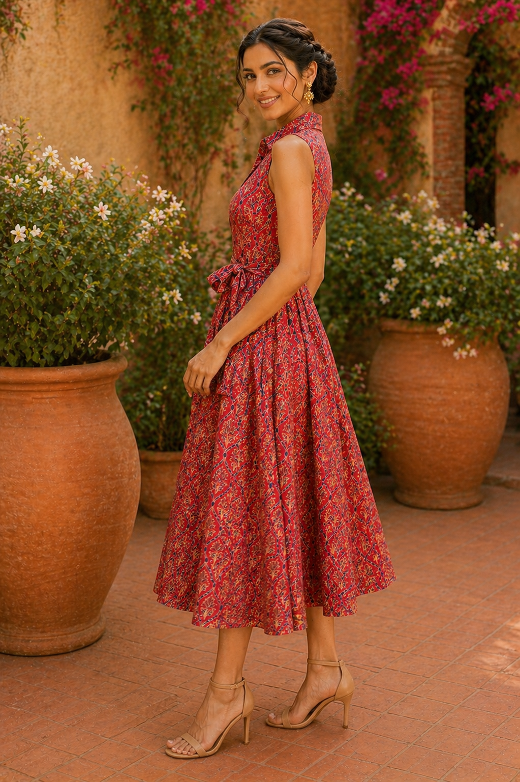 Heritage Bloom Cotton Dress – Deep Scarlet