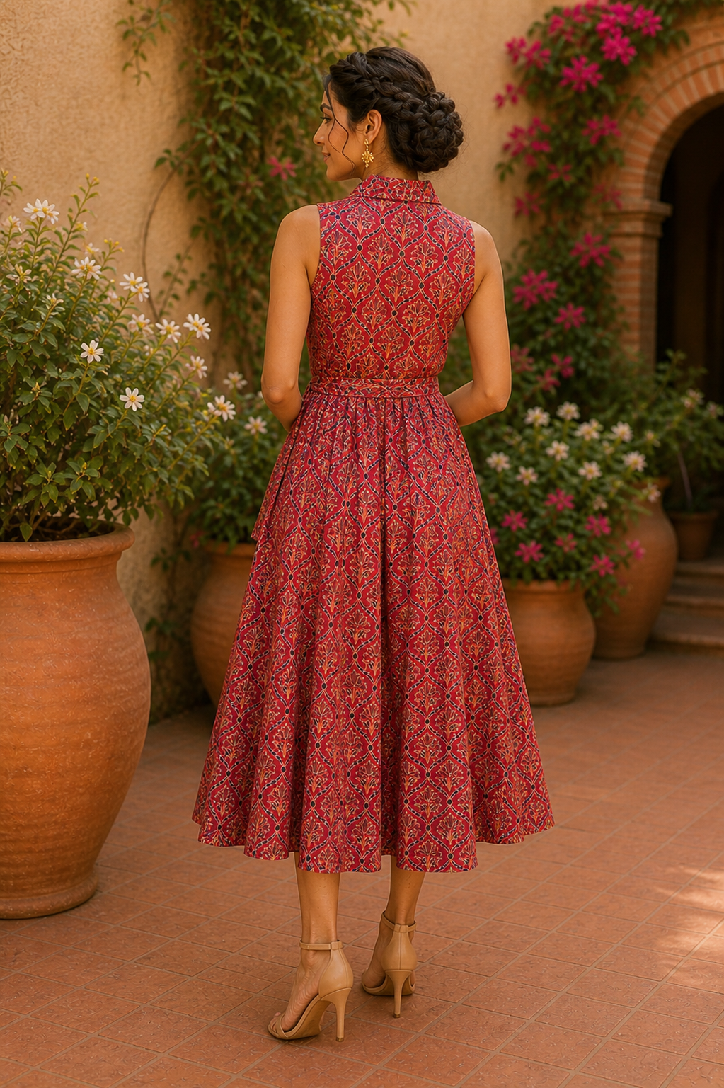 Heritage Bloom Cotton Dress – Deep Scarlet