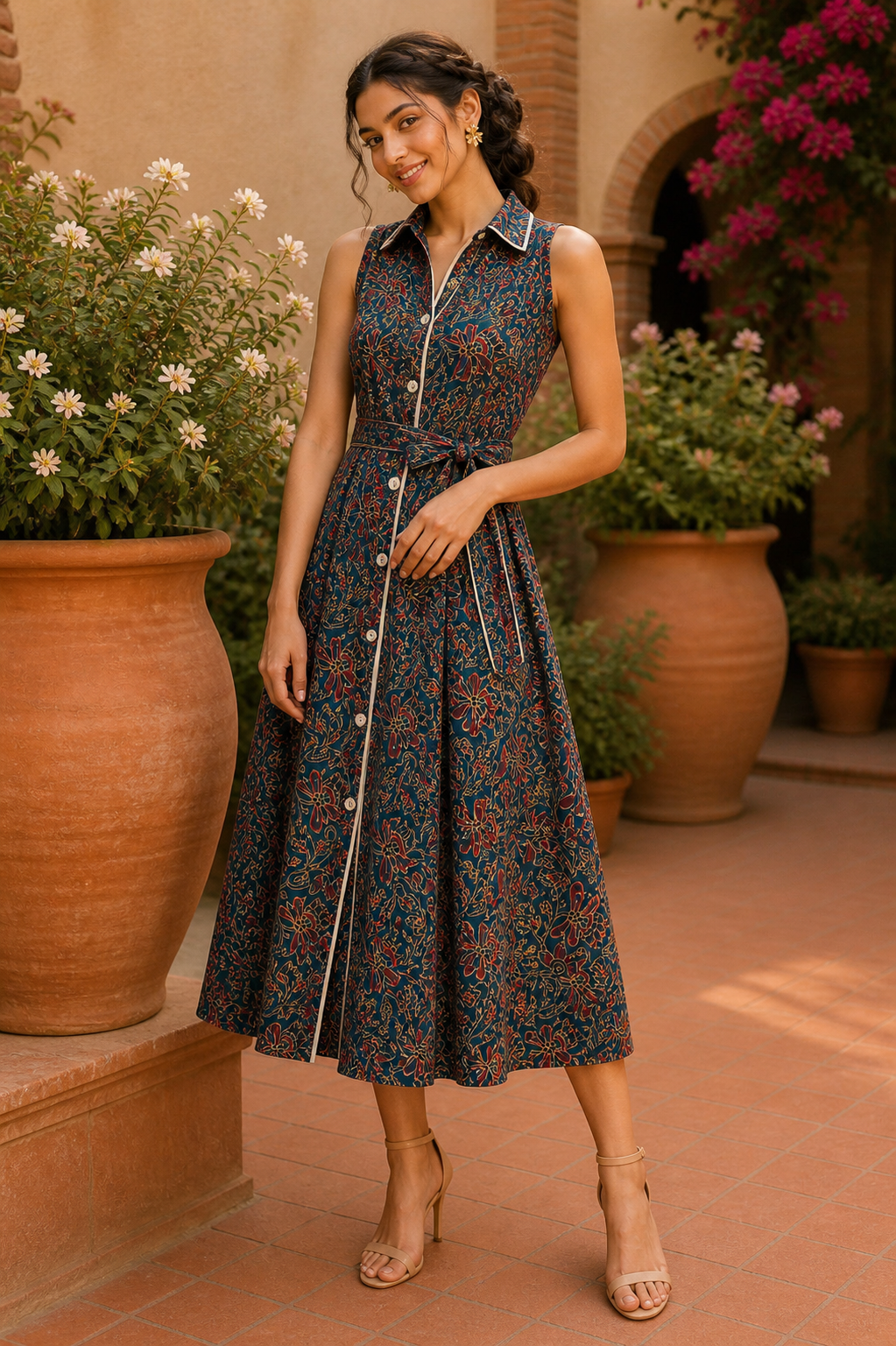 Vintage Bloom Sleeveless Midi Dress – Indigo Garden