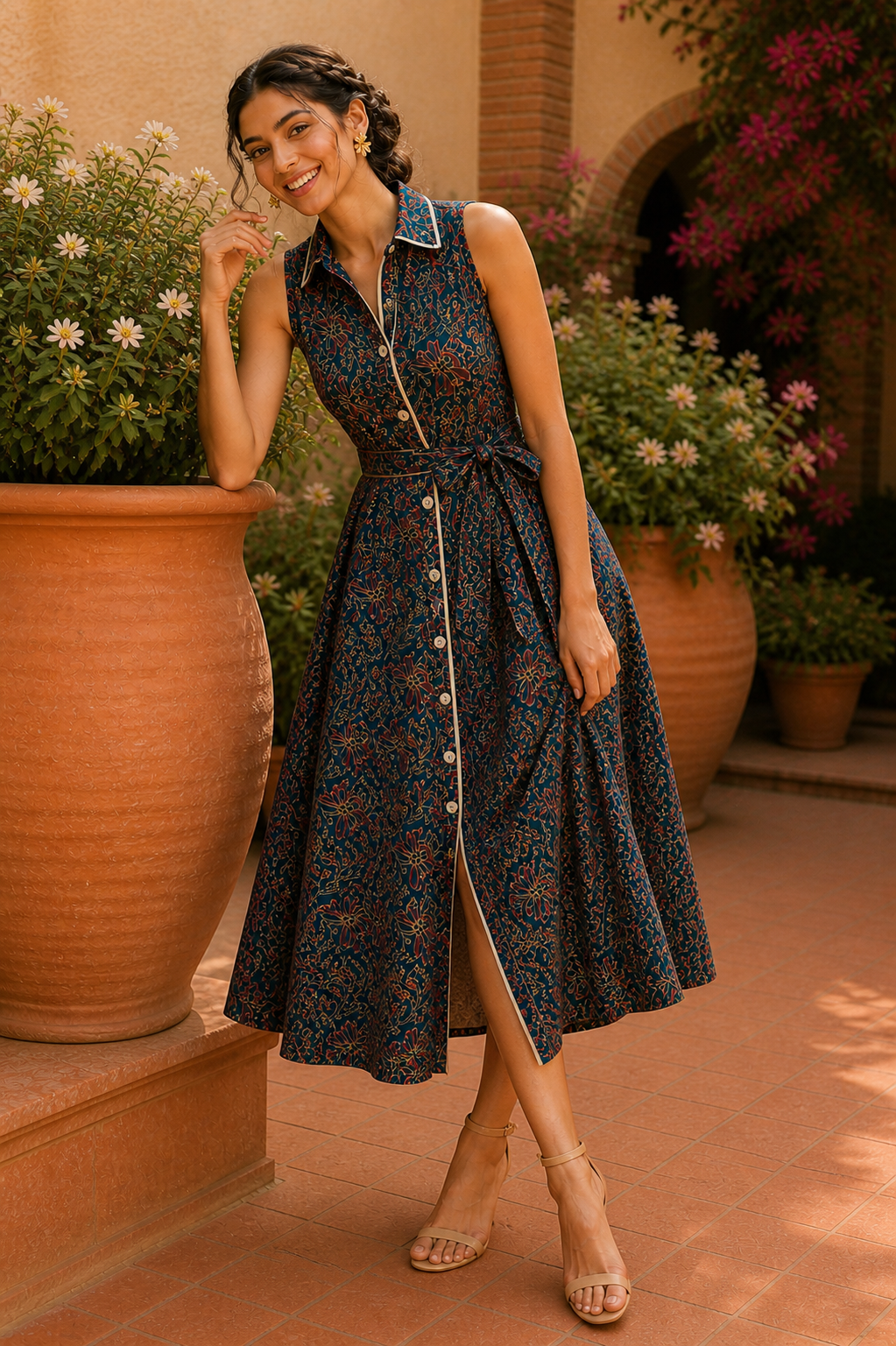Vintage Bloom Sleeveless Midi Dress – Indigo Garden