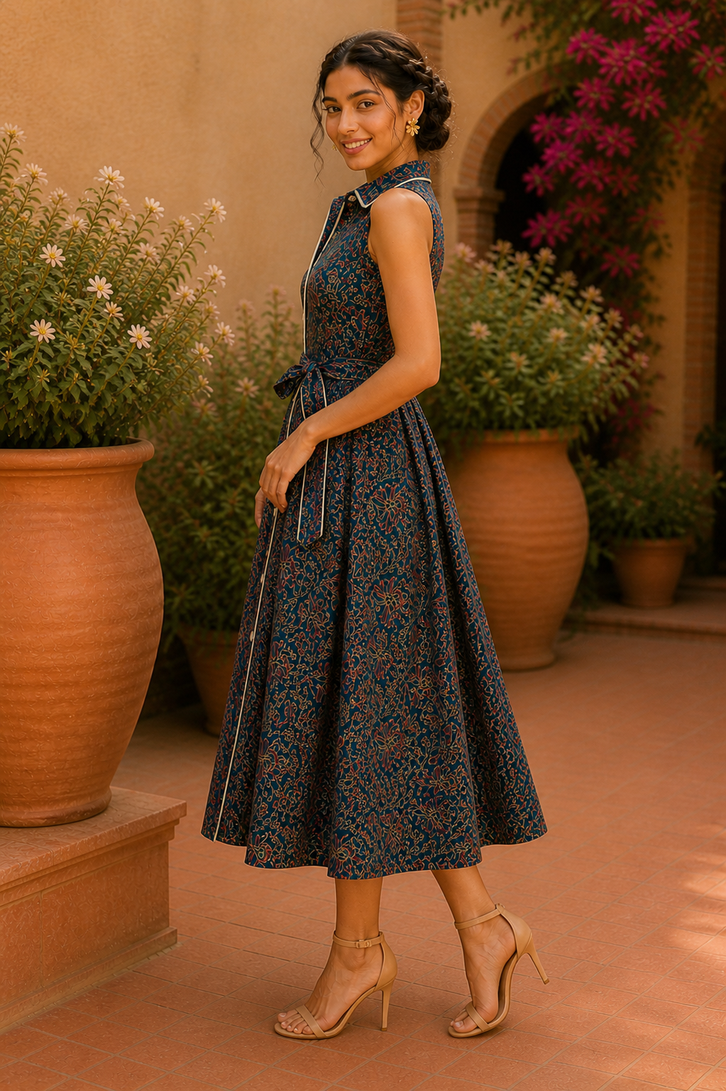 Vintage Bloom Sleeveless Midi Dress – Indigo Garden