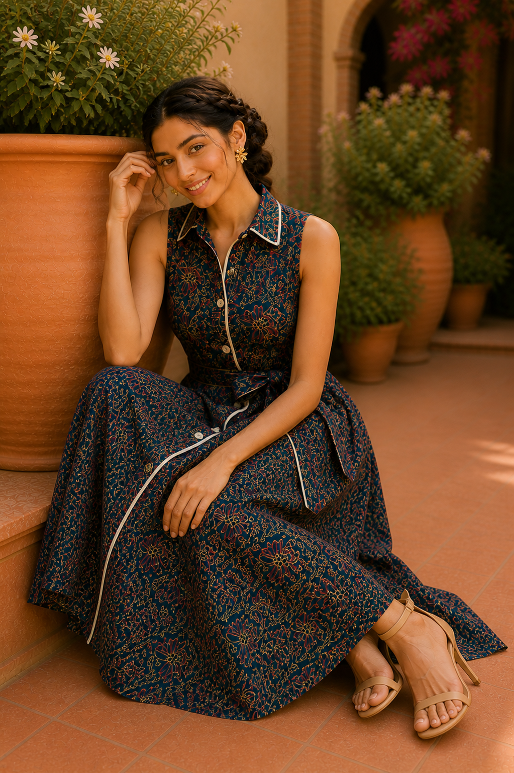 Vintage Bloom Sleeveless Midi Dress – Indigo Garden