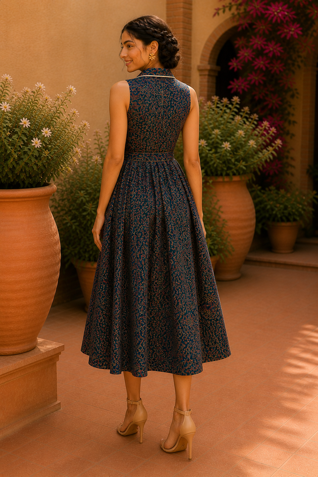 Vintage Bloom Sleeveless Midi Dress – Indigo Garden