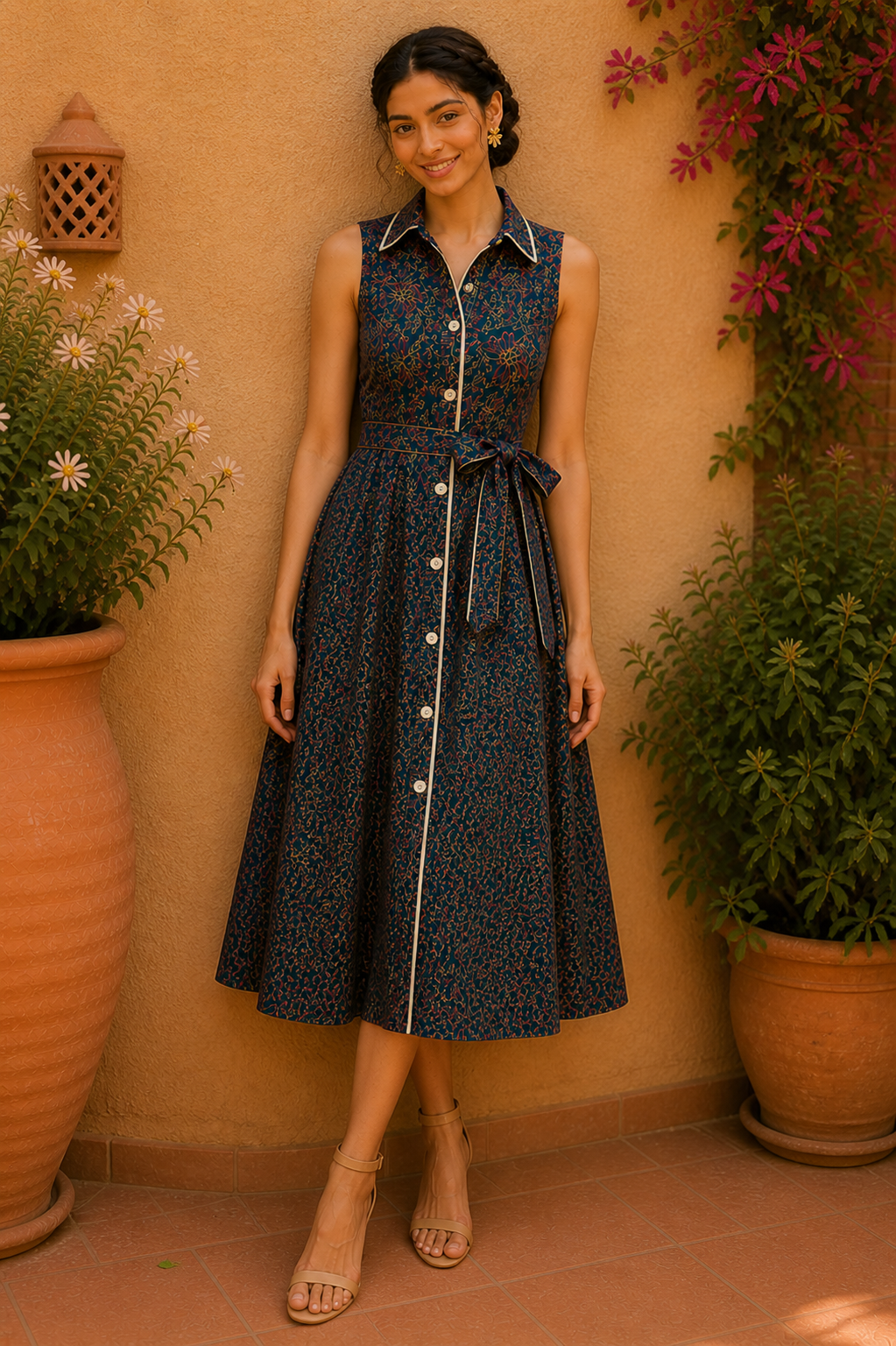 Vintage Bloom Sleeveless Midi Dress – Indigo Garden