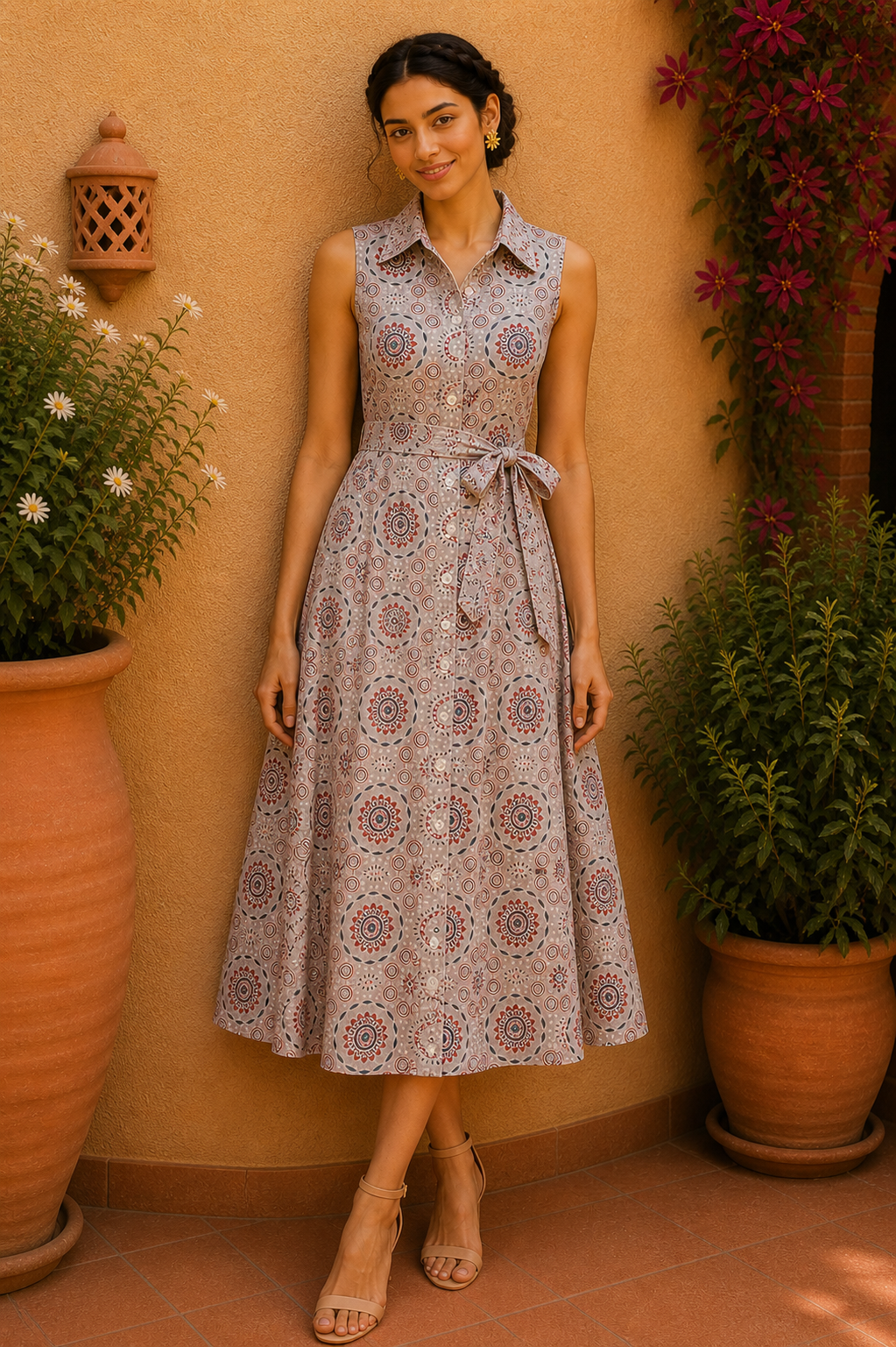 Desert Medallion Button-Down Midi Dress – Pearl Beige