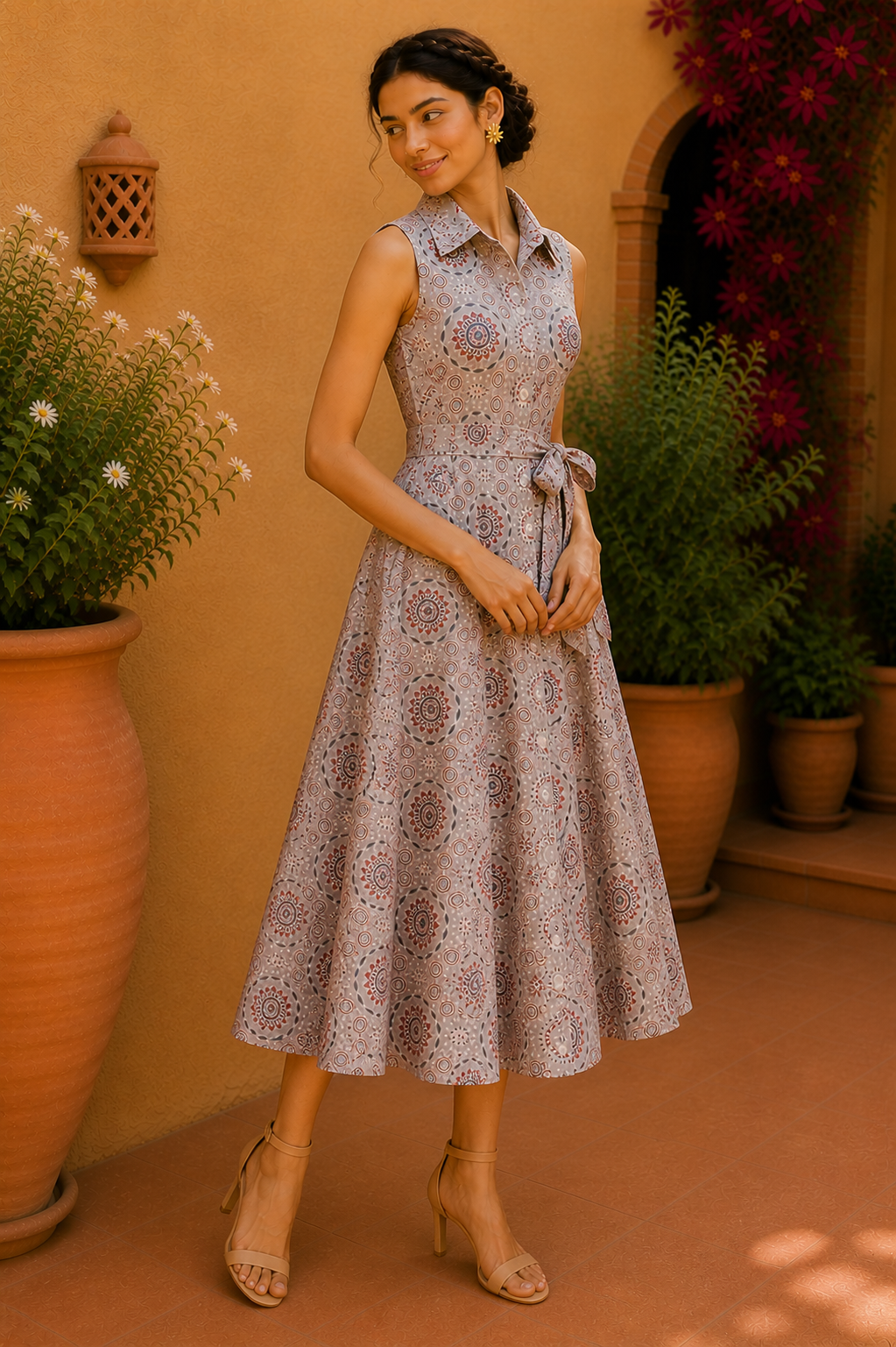 Desert Medallion Button-Down Midi Dress – Pearl Beige