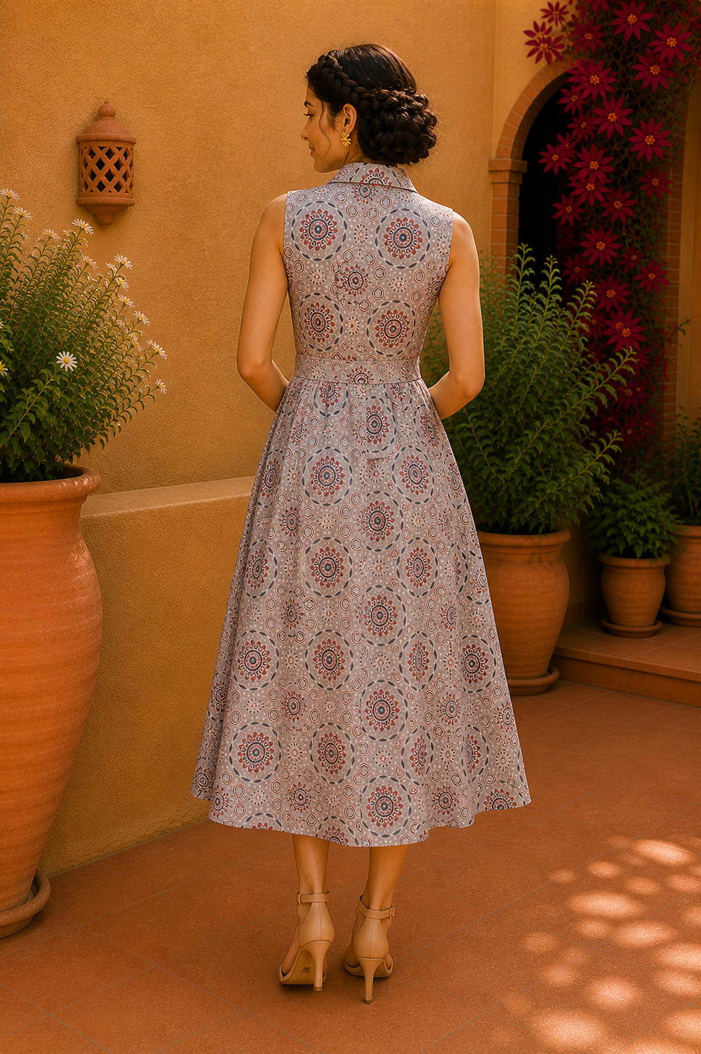 Desert Medallion Button-Down Midi Dress – Pearl Beige