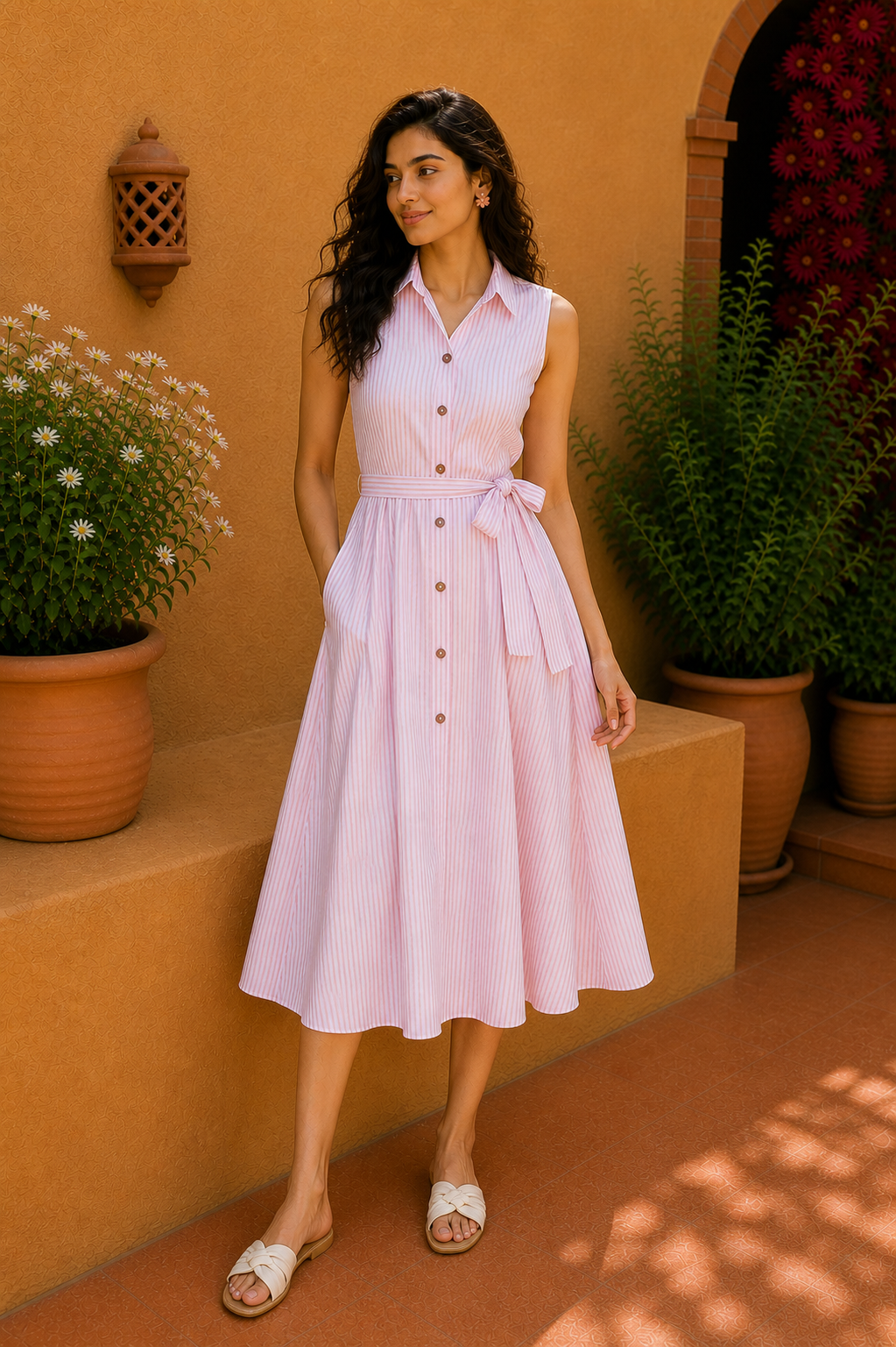 Rose Stripe Button-Down Midi Dress – Soft Blush