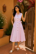 Rose Stripe Button-Down Midi Dress – Soft Blush