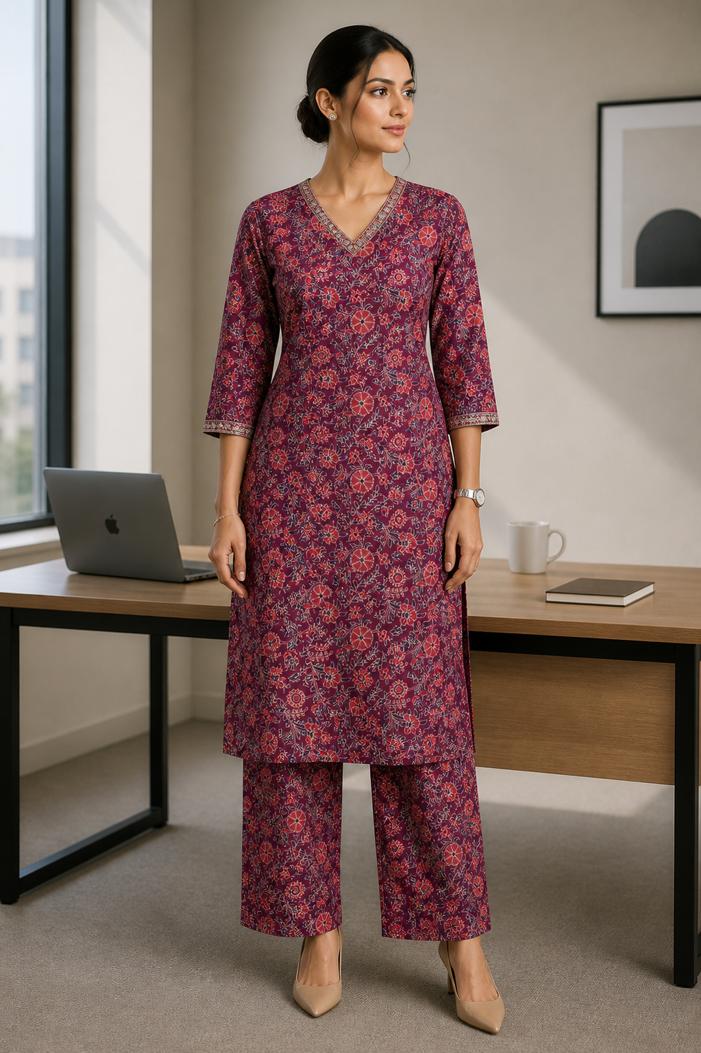 Vintage Floral Cotton Kurta Set – Wine Bloom