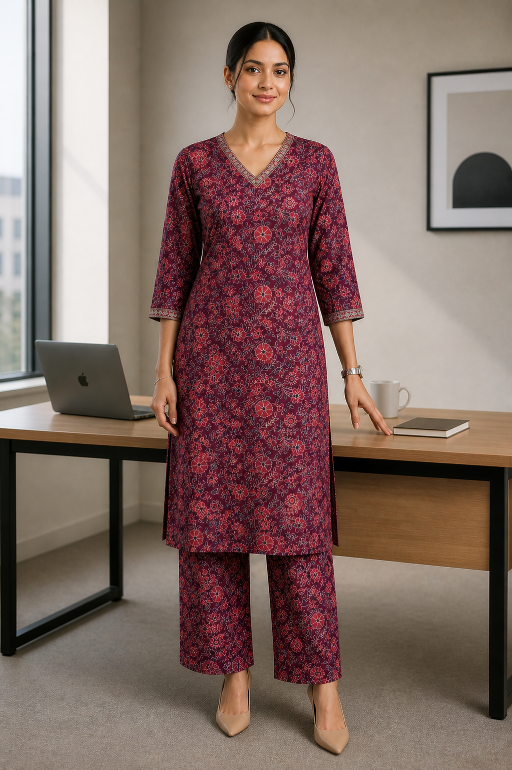 Vintage Floral Cotton Kurta Set – Wine Bloom