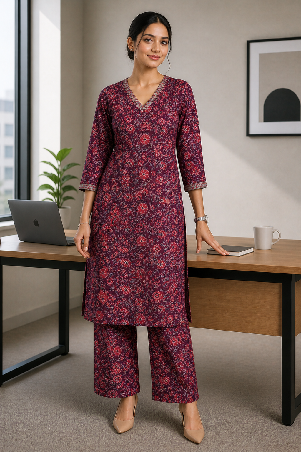 Vintage Floral Cotton Kurta Set – Wine Bloom