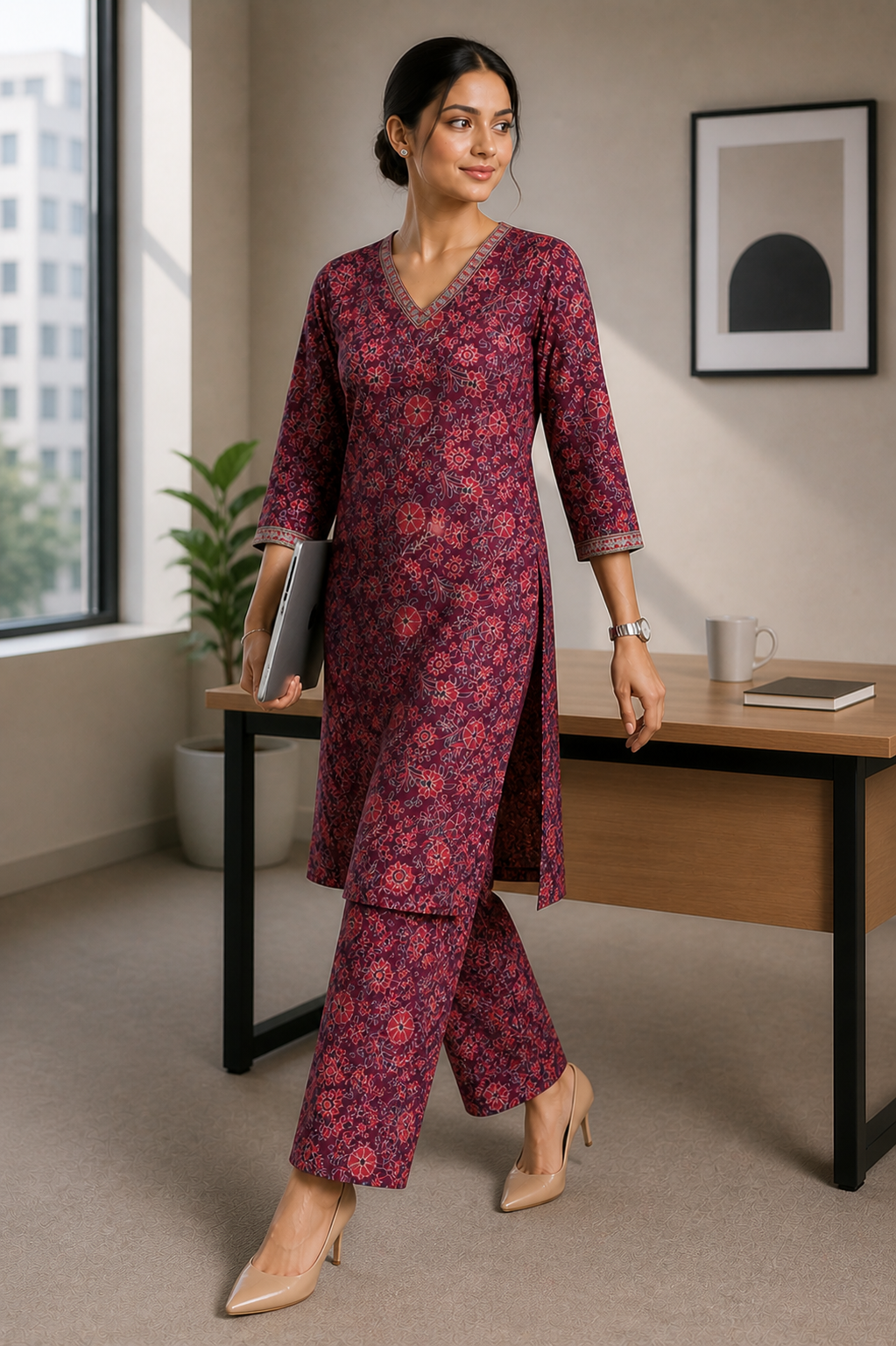 Vintage Floral Cotton Kurta Set – Wine Bloom