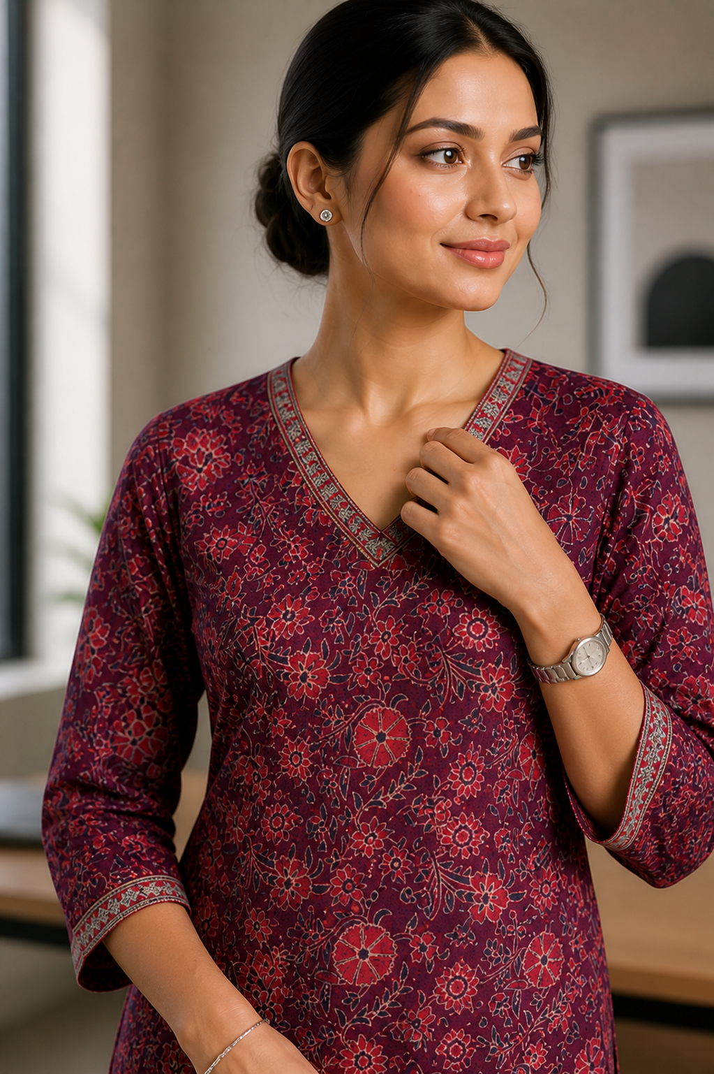 Vintage Floral Cotton Kurta Set – Wine Bloom