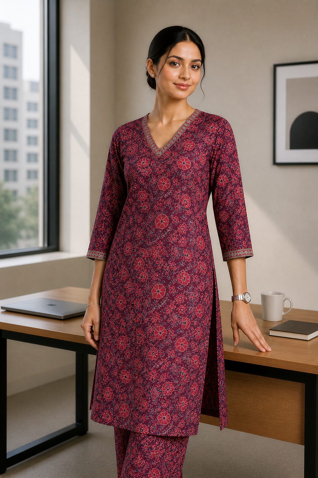 Vintage Floral Cotton Kurta Set – Wine Bloom