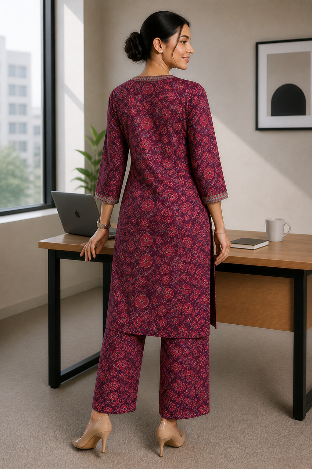 Vintage Floral Cotton Kurta Set – Wine Bloom