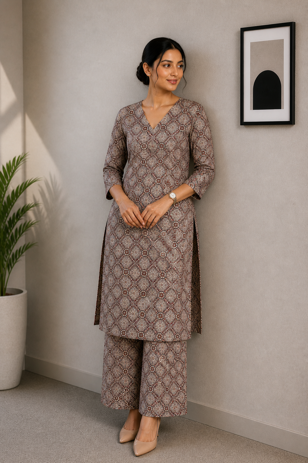 Vintage Ajrakh Cotton Kurta Set – Earth Tone