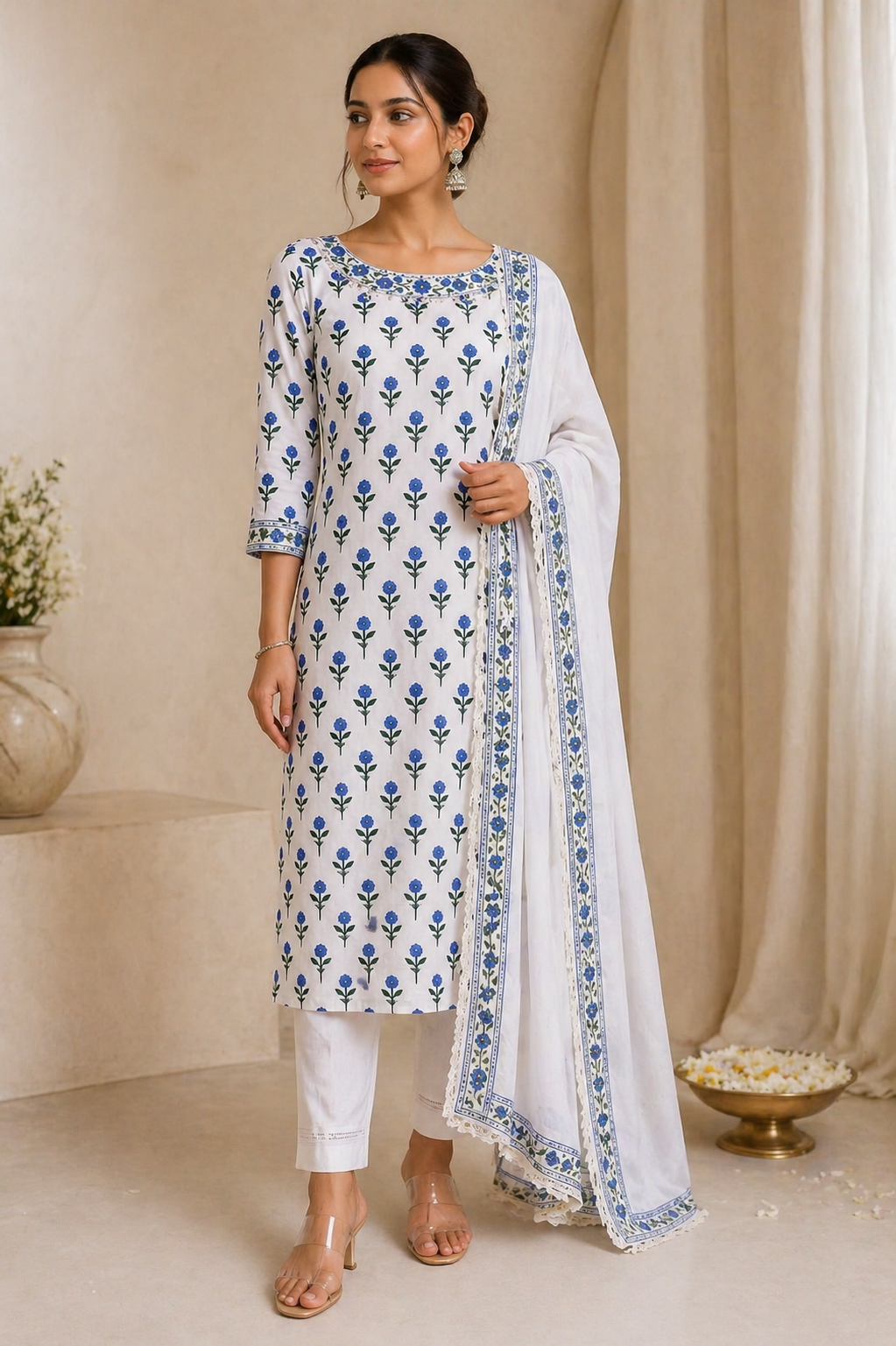 Classic Floral Cotton Kurta Set – Blue Blossom