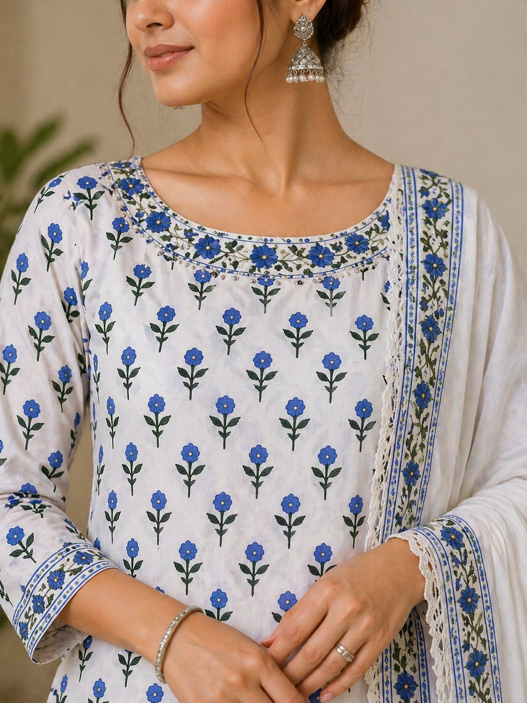 Classic Floral Cotton Kurta Set – Blue Blossom