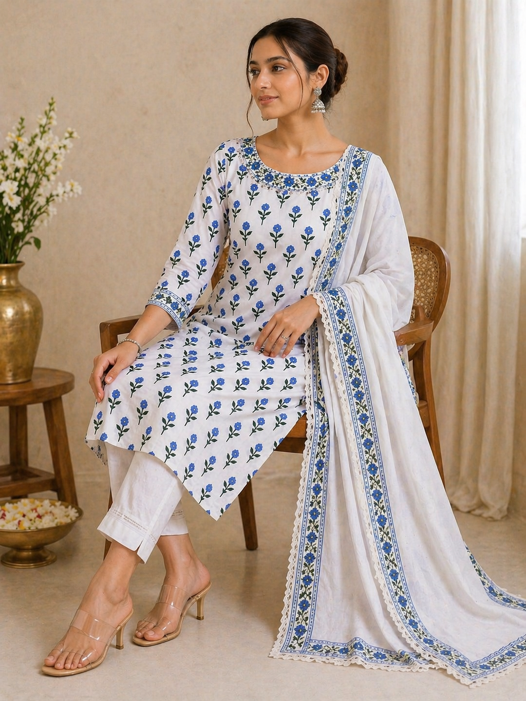Classic Floral Cotton Kurta Set – Blue Blossom