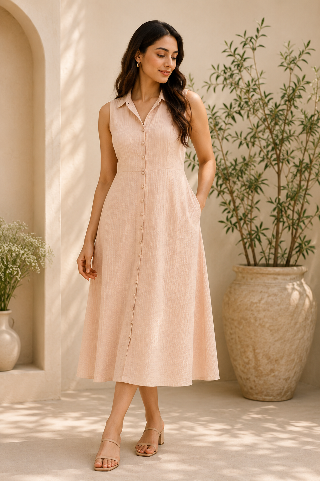 Soft Blush Summer Midi Dress – Elegant Minimalism