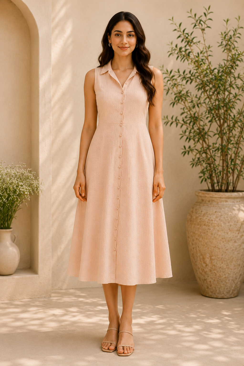 Soft Blush Summer Midi Dress – Elegant Minimalism