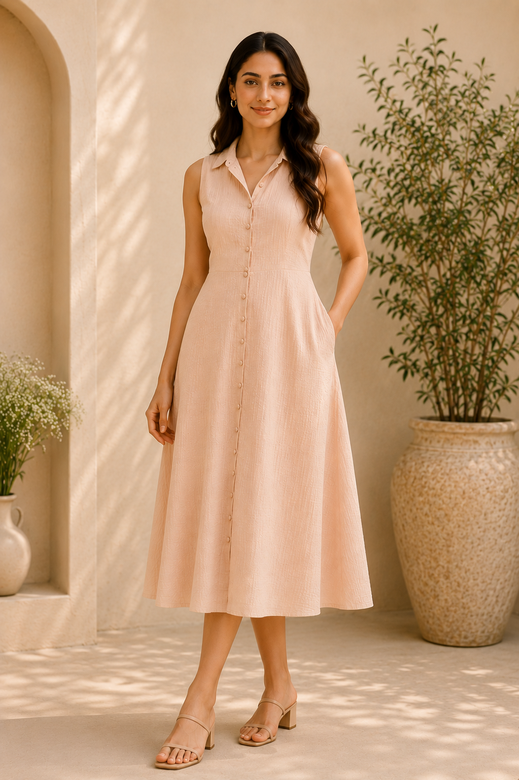 Soft Blush Summer Midi Dress – Elegant Minimalism