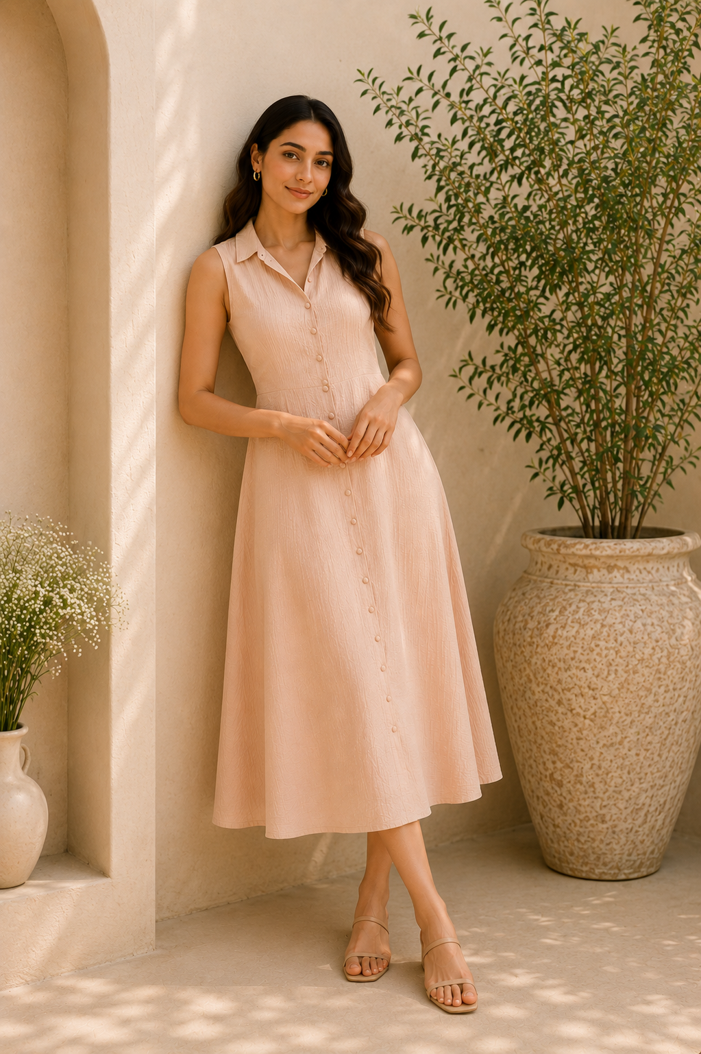 Soft Blush Summer Midi Dress – Elegant Minimalism
